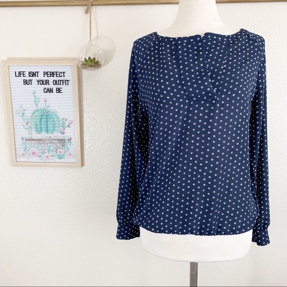 LOFT Sz Medium Navy White Blouse Polka Dot - Picture 9 of 9